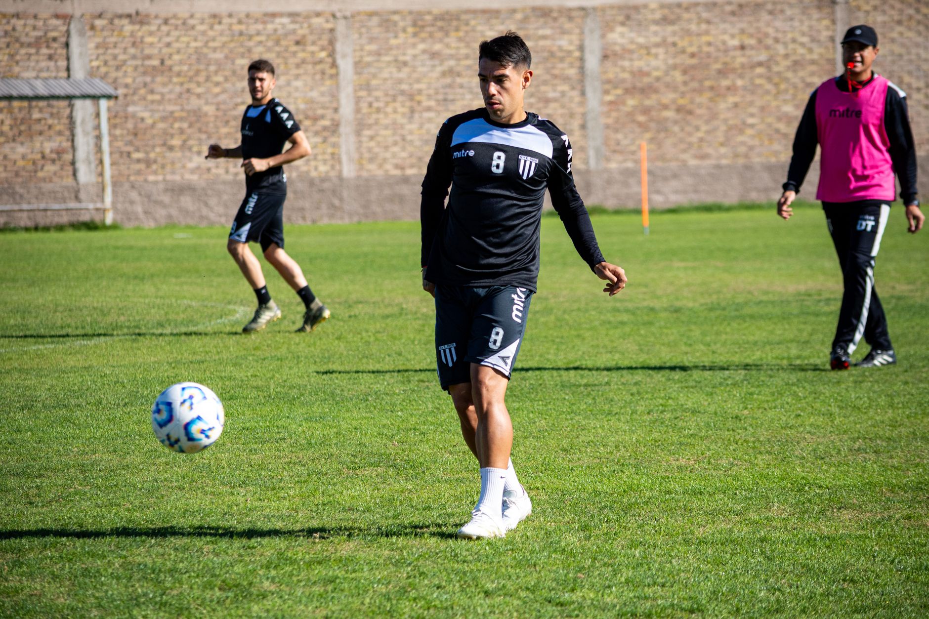 Focused football player in training session on green field under daylight.