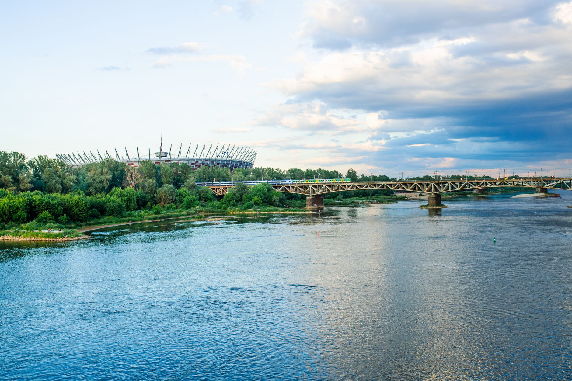 View of the National Stadium and bridge over the Vistula River in Warsaw, Poland.